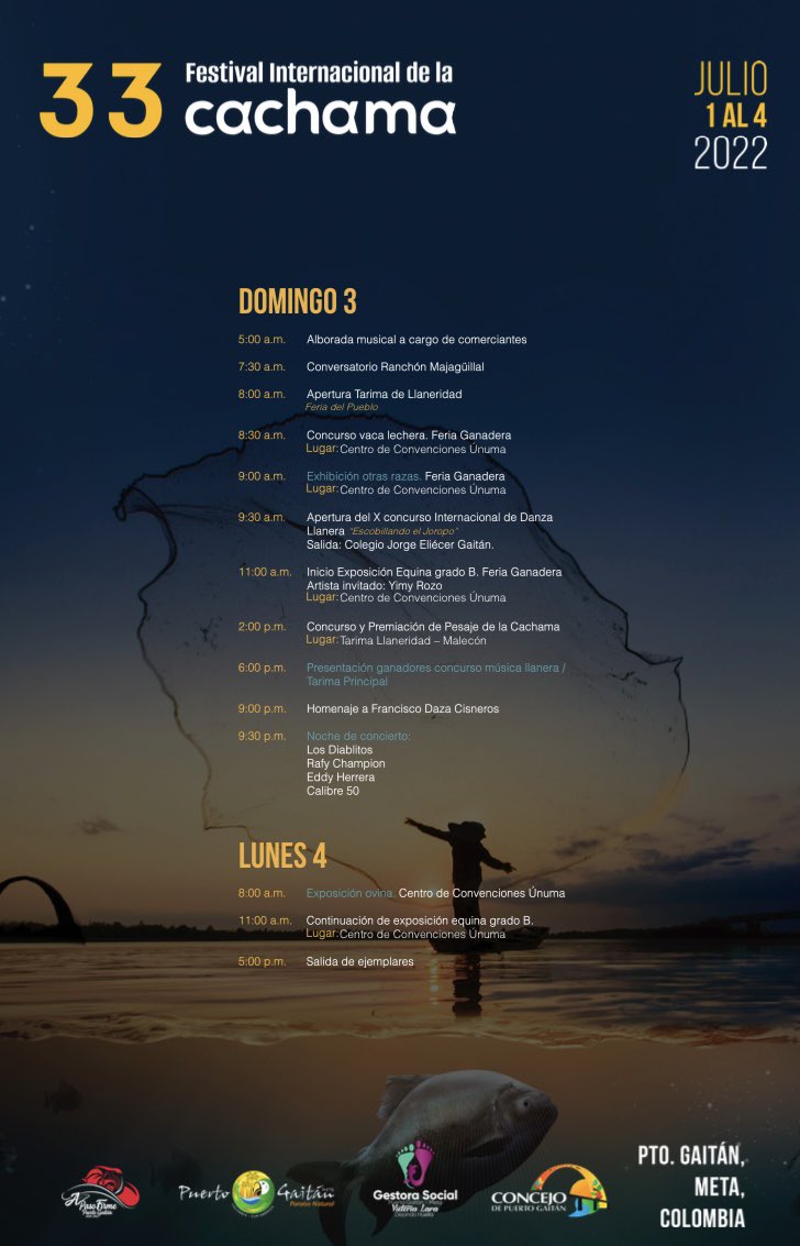 AlcPuertoGaitan's tweet photo. Esta es la programación del XXXIII Festival Internacional de la Cachama, del 1 al 4 de julio en el municipio de Puerto Gaitán.

¡Los esperamos para que disfruten y pasen un fin de semana inolvidable!

#APasoFirme
#FestiCachama https://t.co/m3ek4pDe7q