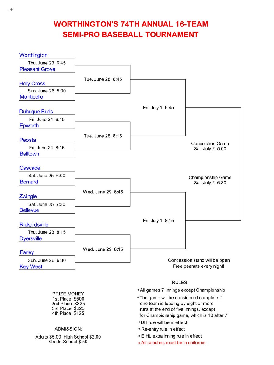 Lots of ⚾️ coming up in Worthington!

Their 74th annual tournament starts Thursday and runs through July 2. 

And due to scheduling conflicts at several other parks, this year’s 36th Annual Dubuque County Baseball HOF all star game has been moved there as well, on July 9.