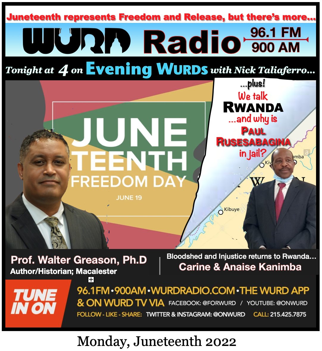NickTShow's tweet photo. Today we observe Juneteenth as a National Holiday for the FIRST time - with historian/scholar @WalterDGreason.
But we also enter into the darkness of Genocide with two women who know it's horrors: @ckanimba and Anaise Kanimba adopted daughters of Paul Rusesabagina.
#onwurd https://t.co/HaMVVv29Y3