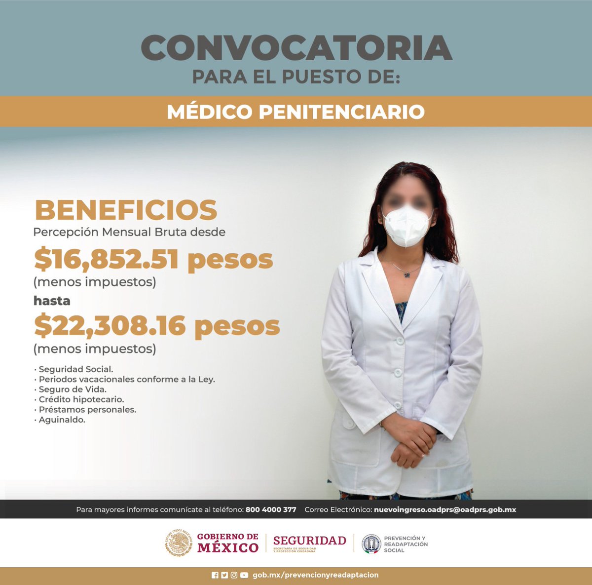 PyRS_Mexico's tweet photo. 🩺 #Entérate | La @SSPCMexico y #PyRS te invitan a conocer sus convocatorias de reclutamiento para:

🔹Médico Penitenciario 🩺
🔹Enfermera Penitenciaria 🥼
🔹Auxiliar de Enfermería Penitenciaria 😷

Para más información en 👇
🖥️ https://t.co/QlXWnhauNZ https://t.co/FUGDdm7KWz