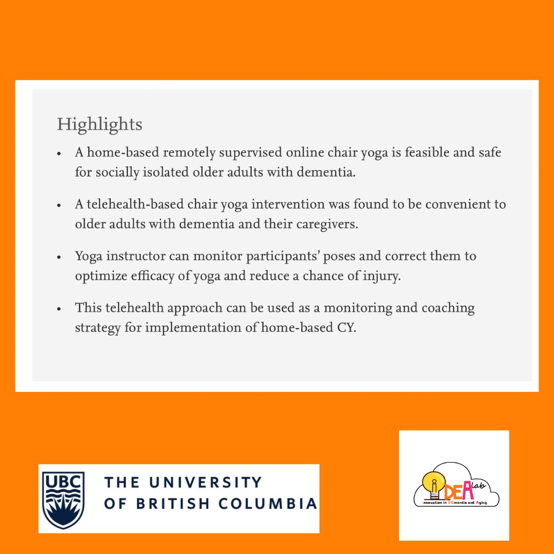 UBCIDEALab's tweet photo. Great Paper: Remotely supervised home-based online chair
yoga intervention for older adults with dementia:
Feasibility study
here is the link:
https://t.co/hPJ17YYeV6
#viertualcare #research #ubc #ubcresearch #dementia https://t.co/VFhNielq8z