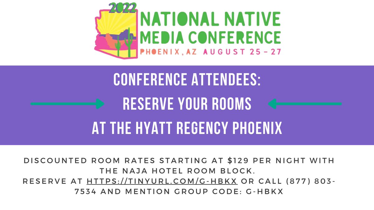 IndigenousJA's tweet photo. 🏨 Reserve your room today! @najournalists 2022 National Native Media Conference is set Aug. 25-27 at the @HyattPhoenix with special events &amp; programs @Cronkite_ASU  https://t.co/mUVL758CjO  #NationalNativeMediaConference #NAJA #JournalismConference https://t.co/aZOx6ZWlIy