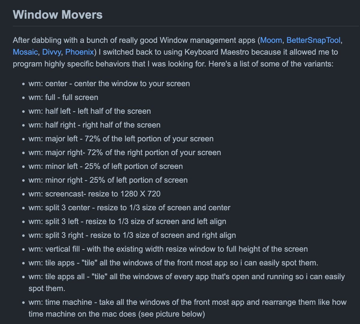 kaushikgopal's tweet photo. I've revived my (11yr old) github repo where I share some of the @keyboardmaestro macros I've written over time. 

I'll clean it up and share more interesting content as I get sometime to work on it. 

First up: Window Management Macros

https://t.co/SnED3kI4pJ https://t.co/t4ls4mZJ1A