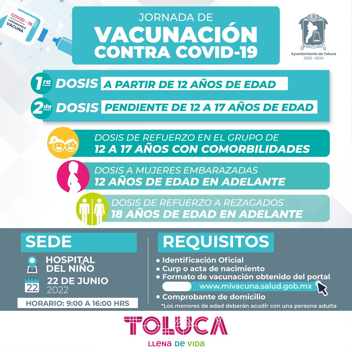 RaymundoMC's tweet photo. Si eres mayor de 12 años y no te has vacunado, acude a la jornada de vacunación el próximo 22 de junio en el Hospital del Niño. #TolucaSeCuida 💉 https://t.co/EWzOf0rztD