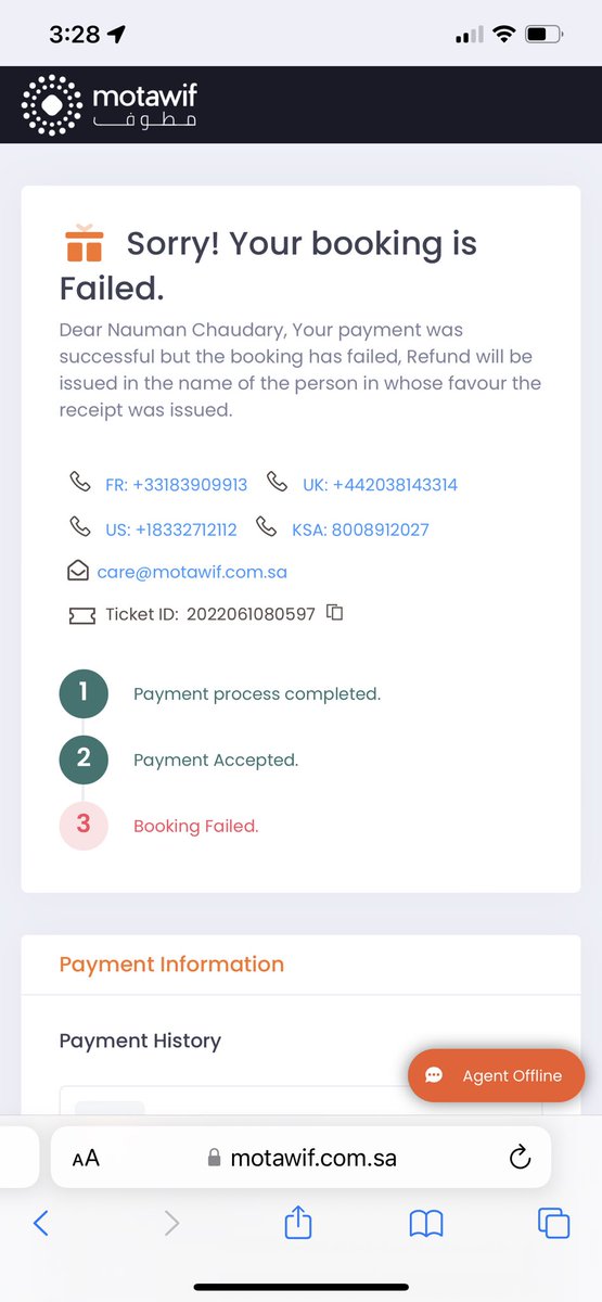 @ motawif_sa, #Hajj2022 #Motawif_sa Salam,

I made full payment and I show up as booking not complete

Also below email does not show me as complete booking so can you please help?

Thanks,
Nauman Chaudary
904-728-0328