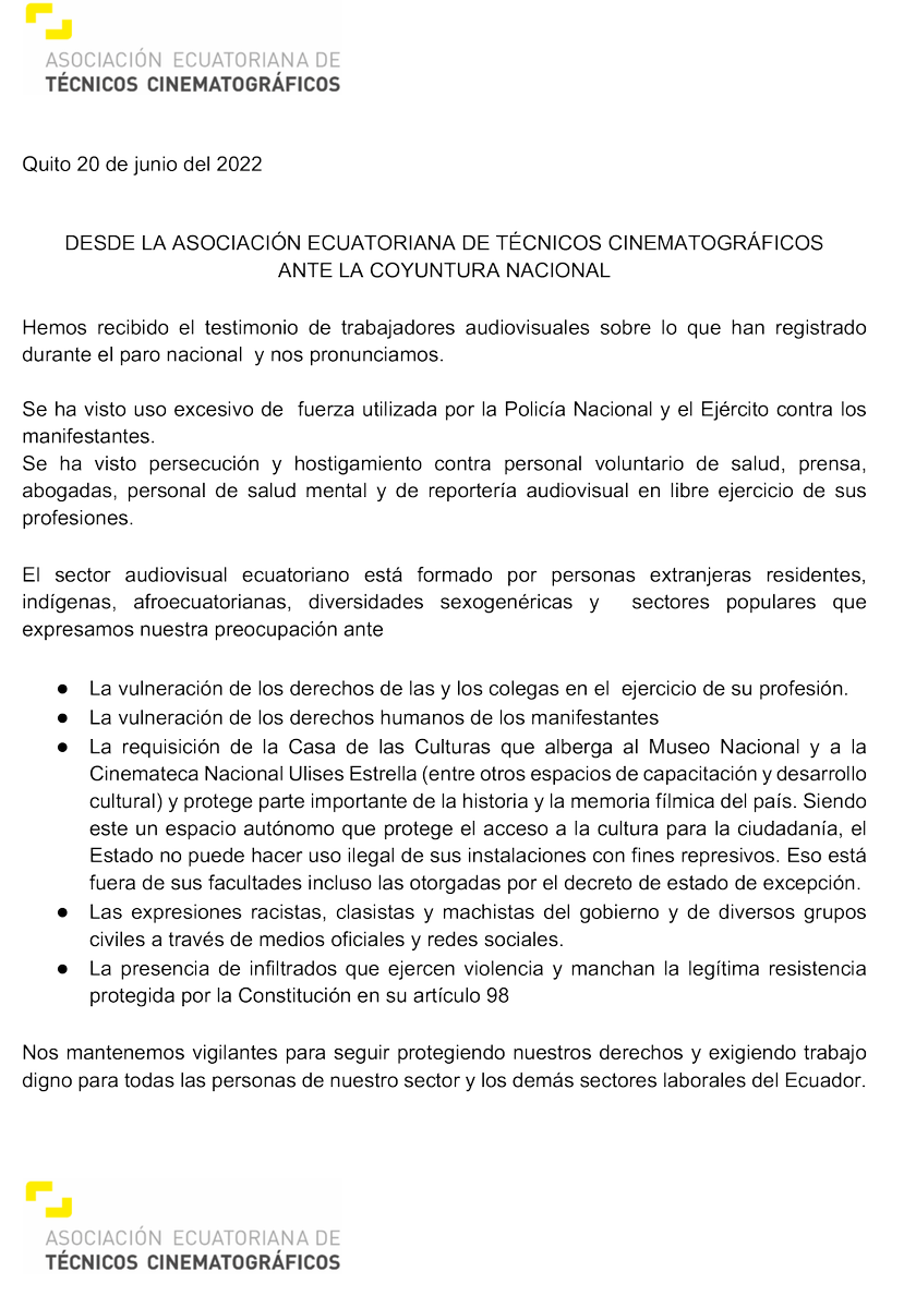 A partir de testimonios de trabajadores audiovisuales en el #ParoNacional y en la #requisición de la #CasaDeLasCulturas nos pronunciamos con preocupación: 👇👇👇👇