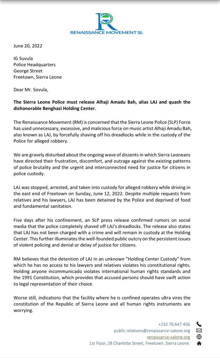 GleanerSierraLe's tweet photo. Renaissance Movement writes Sierra Leone Police Inspector General on the use of unnecessary, excessive, and malicious force on popular music artist  “LAJ” 
#SierraLeone #SaloneTwitter @saffaAbdulai https://t.co/TdvyLzOg64