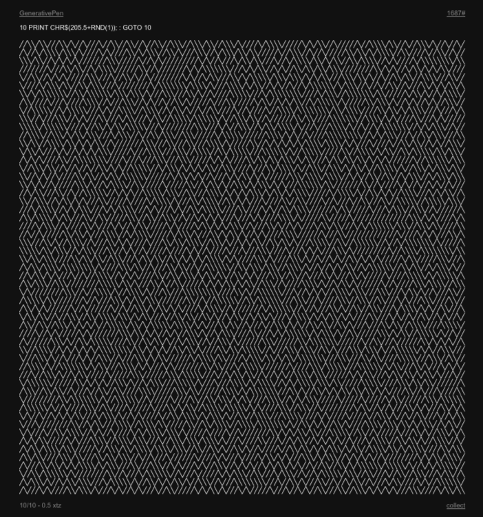 GenerativePen's tweet photo. My genesis on @typed_art, a tribute to the classic piece "10 PRINT"

https://t.co/0hY724U3sX  #typedart https://t.co/xLkCp5oF0t