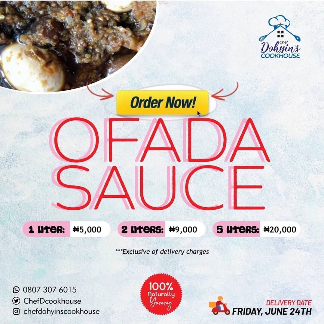 ChefDCookhouse's tweet image. Order for your freshly made bowls of Ofada sauce.
1 litre is #5000
2 litres is #9000
5 litres is #20000
All fees are exclusive of delivery charges.
#ofadasauce #ofada #ayamashe #nigeriansoups