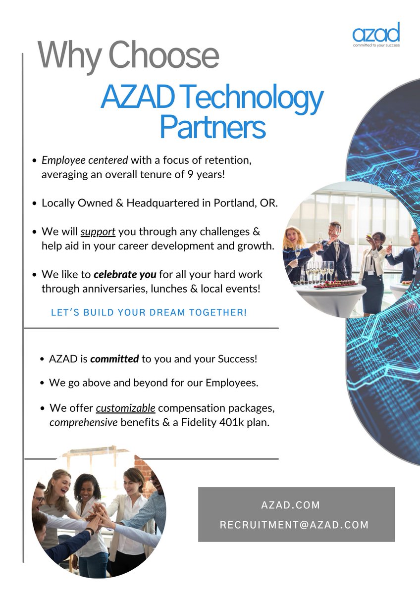 azadinc's tweet photo. #Join the Azad Team today! Azad understands that success in consulting services requires more than just process or technology expertise. Success requires strong, long-term partnerships with both employees and clients. https://t.co/2bhRB90uex

#team #technology #success #culture https://t.co/dsa1UioyLx