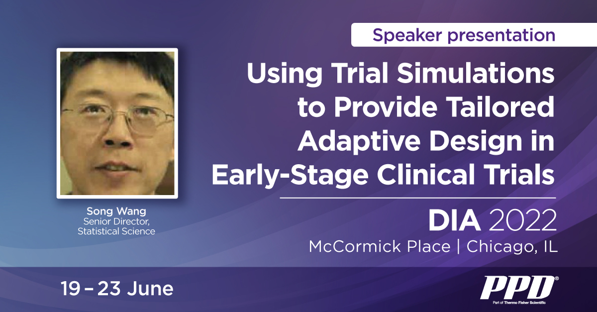 PPDCRO's tweet image. Today at #DIA2022: Song Wang presents on the use of simulations in #earlyclinicaldevelopment in a session which advocates for increased use of #adaptiveprotocols. » bit.ly/3QaBkDk