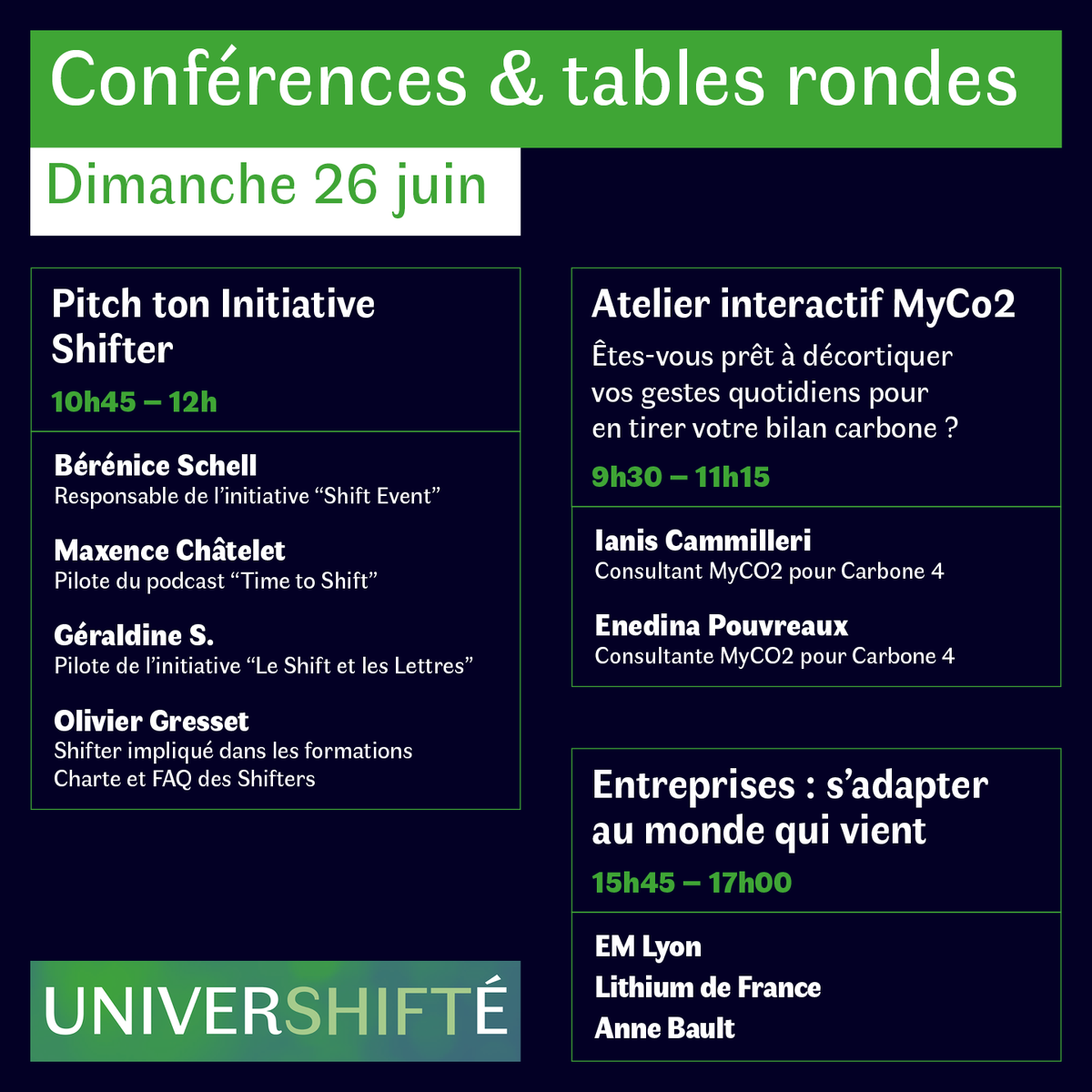 Les_shifters's tweet photo. Univershifté 2022 
 
🙈 L'adage dit : un problème bien compris est à moitié résolu. 

🛎️ Au programme le dimanche matin :
 
 🎫 Rendez-vous le 25 et 26 juin sur le campus de la Doua.
 
🌲 Vos places : https://t.co/OSGznIEfh8

#univershifté #theshifters #climat #lyon #ecologie https://t.co/UkdIAuDM9y
