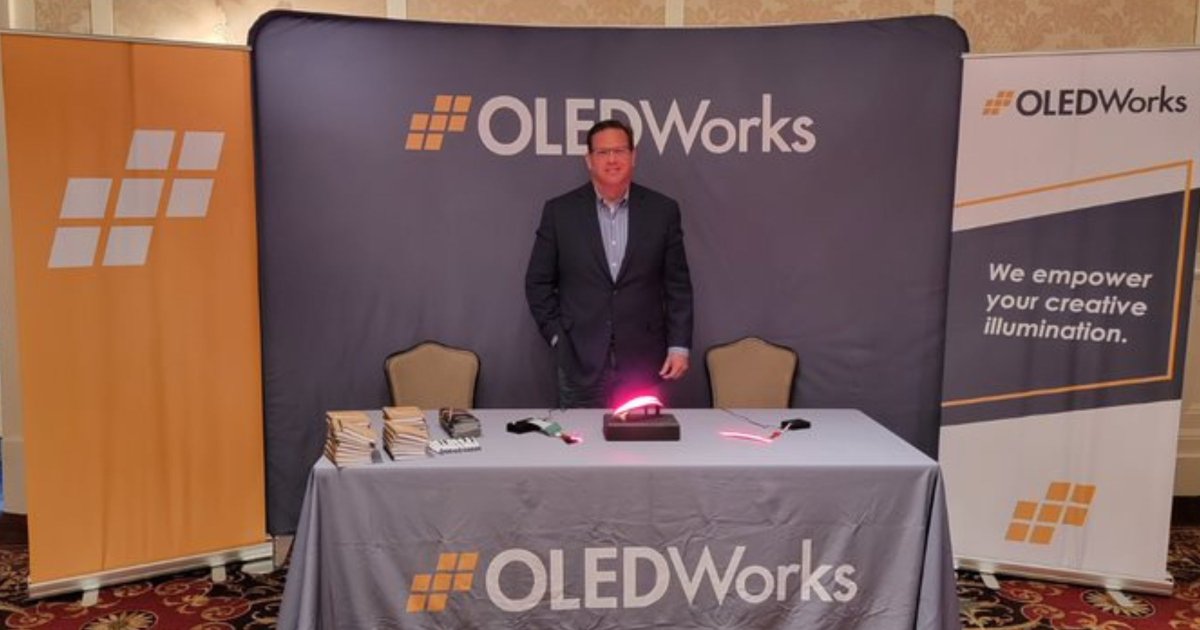 OLEDWorks's tweet photo. In between sessions at the US Driving Vision News workshop? Visit Booth 11 - we are demonstrating our bendable OLED technology! Come say hello and learn more about #OLEDlighting for automotive applications. π #dvnworkshop https://t.co/m0jQb4wDK1