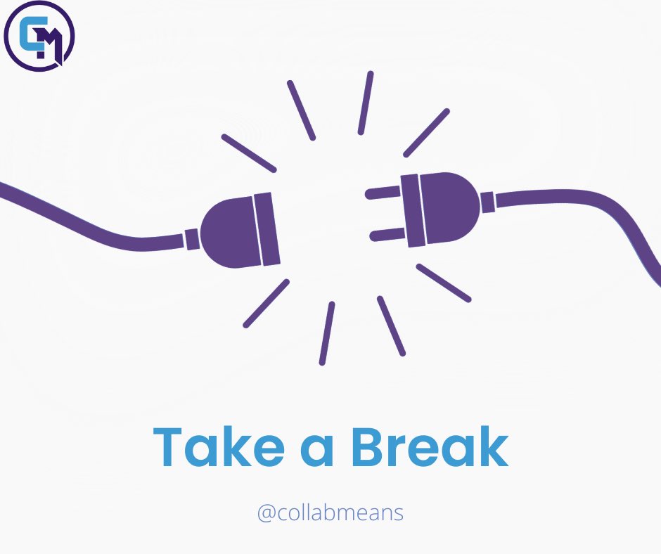 CollabMeans's tweet photo. Taking a break is a small act with a large impact! 

Taking a break can increase creativity, productivity, and your mental and emotional wellness. 

Try unplugging from electronics or doing breathing excercises. 

Pressed for time? Set a timer. 

What ways do you take a break? https://t.co/AQT4TCCYAj