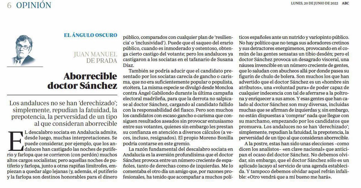 De Prada refleja en su columna de hoy algo evidente de lo que pocos hablan: la repugnancia que Sánchez despierta ya en miles de españoles, de derechas y de izquierdas. No es ideología, es el rechazo q produce la chulería fatua de un individuo como él #Elecciones19J #Andalucia19J