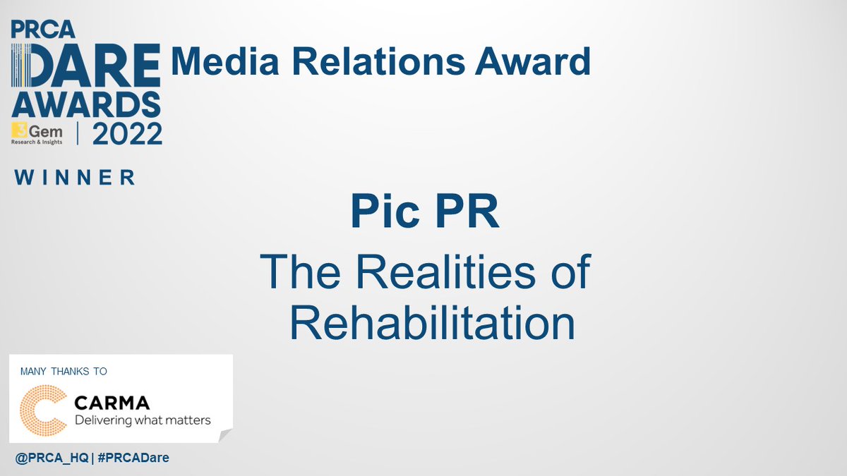 Congratulations <a href="/picpr/">Pic PR</a> for securing tonight’s Media Relations Award, sponsored by @Carma! #PRCADare <a href="/PRCA_SW/">PRCA SW</a> ⭐👏