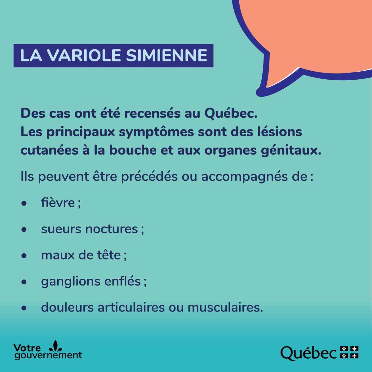 msss_qc's tweet photo. Au cours des dernières semaines, des cas de variole simienne ont été recensés au Québec. 

Informez-vous sur cette infection 👇 https://t.co/BGjMRNnO27