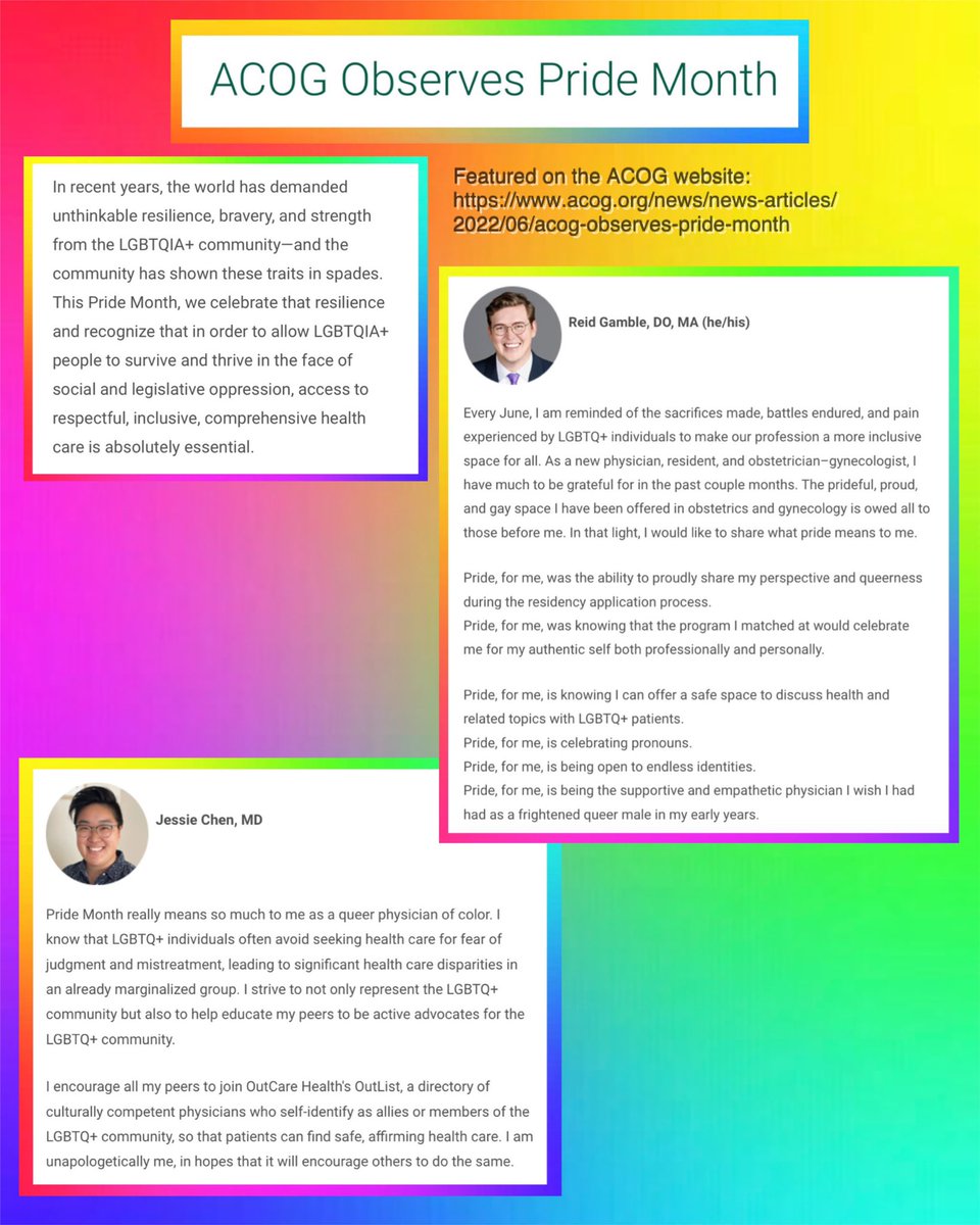 HAPPY PRIDE MONTH! 🏳️‍🌈 

Two of our residents were featured on the ACOG site, sharing their thoughts on the importance of healthcare access for the LGBTQ+ community and discussing what pride means to them.

acog.org/news/news-arti…