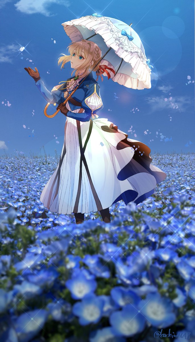 violet evergarden 1girl blonde hair umbrella solo flower flower field blue jacket  illustration images