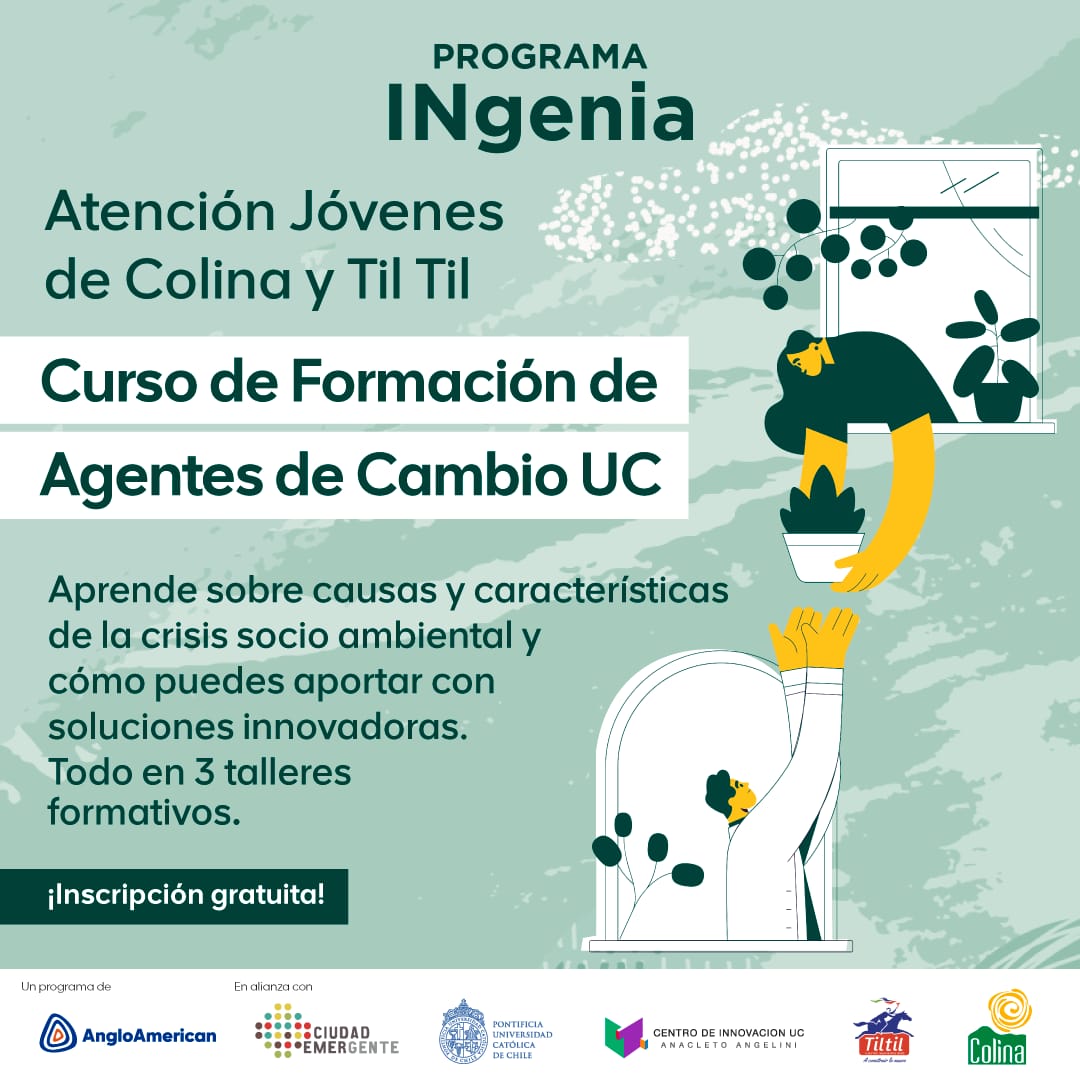 MuniColina's tweet photo. Sé parte de los tres talleres formativos gratuitos y certifícate como agente de cambio por la U. Católica. Esto significa aprender cómo diseñar soluciones para tu comunidad y el medio ambiente de forma innovadora. Inscríbete en
https://t.co/SYqhen0M6F

#ColinaSomosTodos https://t.co/gdBxz5xQ4S