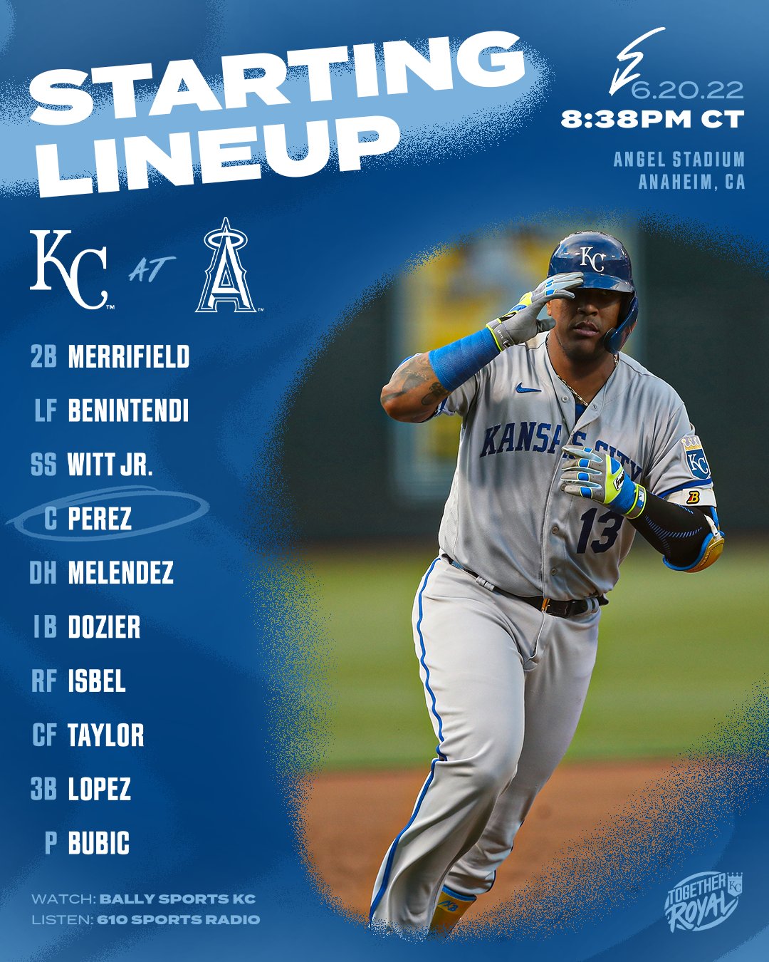 The Royals lineup for June 20 at the Los Angeles Angels:

2B Whit Merrifield
LF Andrew Benintendi
SS Bobby Witt Jr.
C Salvador Perez
DH MJ Melendez
1B Hunter Dozier
RF Kyle Isbel
CF Michael A. Taylor
3B Nicky Lopez

P Kris Bubic

Broadcasts of tonight's game will be available on Bally Sports KC and KCSP 610 AM.

First pitch from Angel Stadium in Anaheim, CA is set for 8:38 p.m. CT. Go Royals!

Inset photo: Salvador Perez jogs around the bases following a home run.