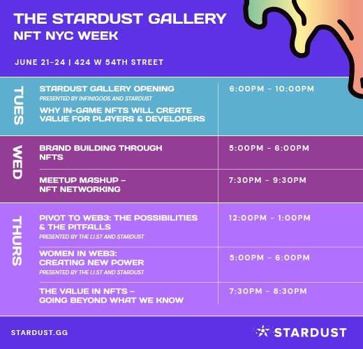 We’re here at NFT.NYC – and we’re going community-first: Free events. Food. Spaces to work. Panels w/founders and change makers. All the things you want! 

We partnered with @Stardust for our NFT Art Gallery filled w/ art from games &amp; <a href="/Timmyham/">SLOTH</a> creating a 1/1 🖼