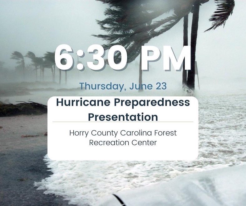 HorryEMD's tweet photo. Hurricane Preparedness Presentations

Join Assistant County Administrator for Public Safety Randy Webster for a session on getting ready for hurricanes.

Two sessions this week - both free and open to the public.

We hope to see you there! https://t.co/U8kyTLUaGt