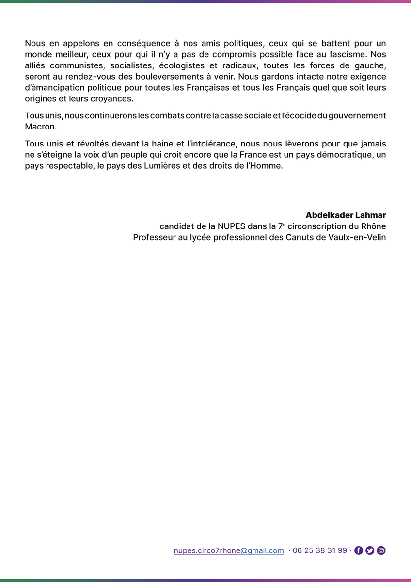 Hier, malgré les 12 894 votes récoltés dimanche dernier, nous ne sommes pas parvenus à remporter l'élection #legislatives2022 dans la #circo6907

Mon communiqué👇