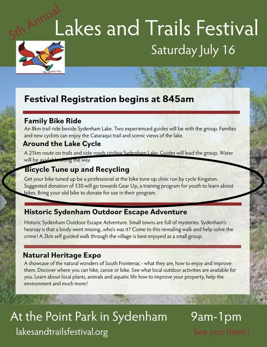 Cycle Kingston and Gear Up will be providing bike tune-ups at the Lakes and Trails Festival in Sydenham on July 16 from 9am-1pm! Suggested donation $30/bike. Register using Eventbrite to save a spot or drop in with your bike (first come, first serve). eventbrite.ca/e/lakes-trails…
