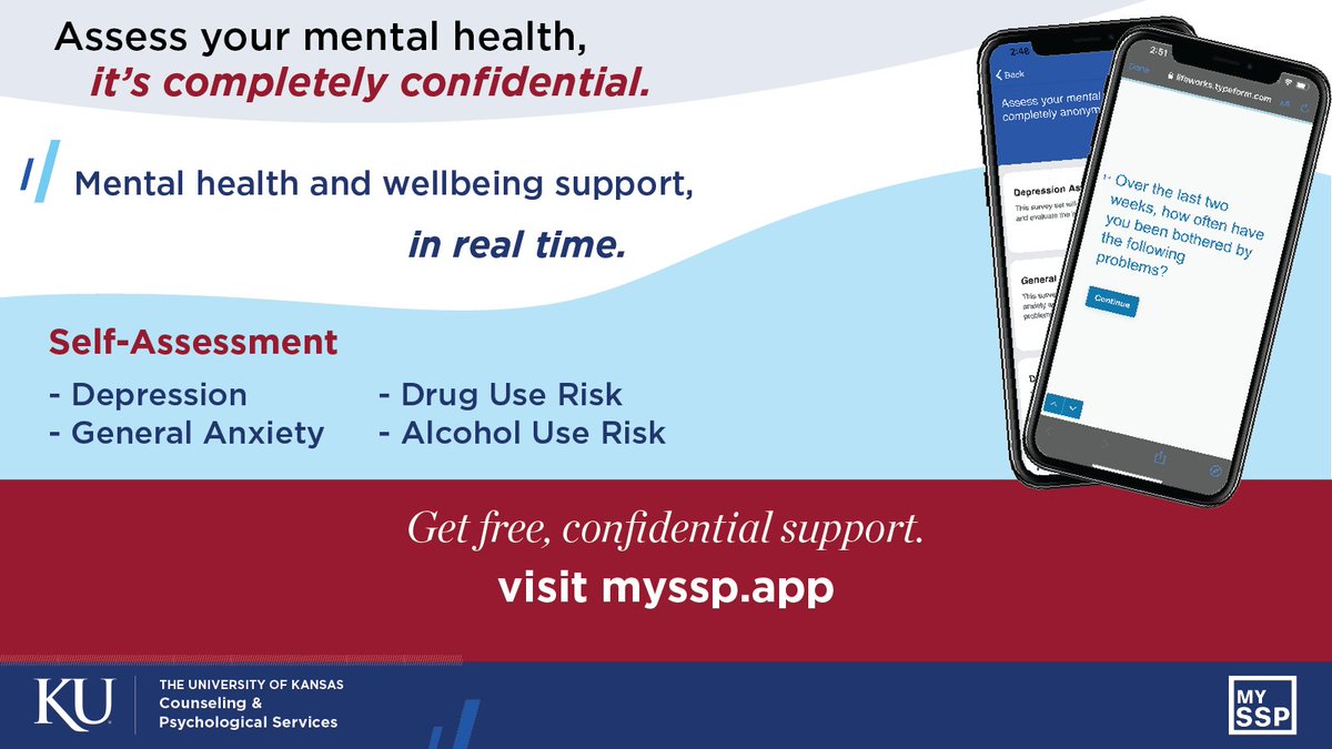 KUStuAffairs's tweet photo. Are you worried about something, but arenโt ready to discuss it with a counselor? My SSP provides KU Students with anonymous assessments for depression, general anxiety, and even drug and alcohol use risk.
https://t.co/SAsgJC133x
#myssp #wemakelearningpossible #KUCAPS https://t.co/j4vApp5oMa