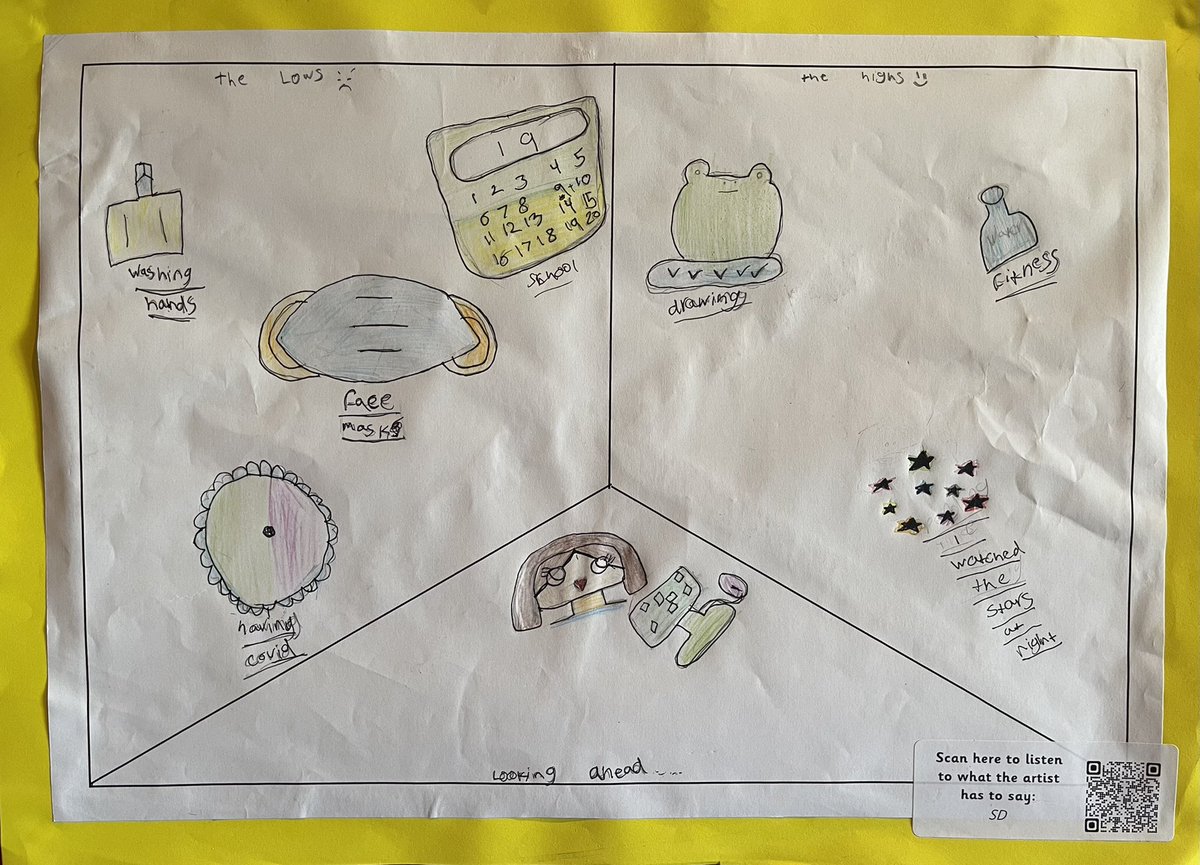 OurPandemicSAC's tweet photo. @MuirheadPS1 asked their learners to reflect on the highs and lows of lockdown but also to look towards the future 🔮➡️🌈☀️

#lockdownlife #ourpandemic #reflection

See and listen to the thoughts of the artists using the QR codes at Rozelle House, Ayr to Wed 22 June https://t.co/XyQcEr8wox