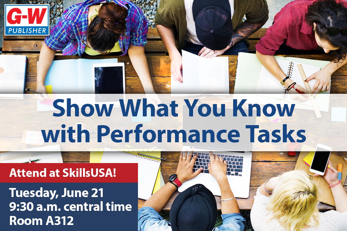 GWPublisher's tweet photo. Teachers at #NLSC22 can attend this session TOMORROW with our CTE Content Specialist, @MGreenEDU! Explore how to assess academic knowledge with #CTSO performance tasks using real-world scenarios. #CTE https://t.co/yeWOPaAphs
