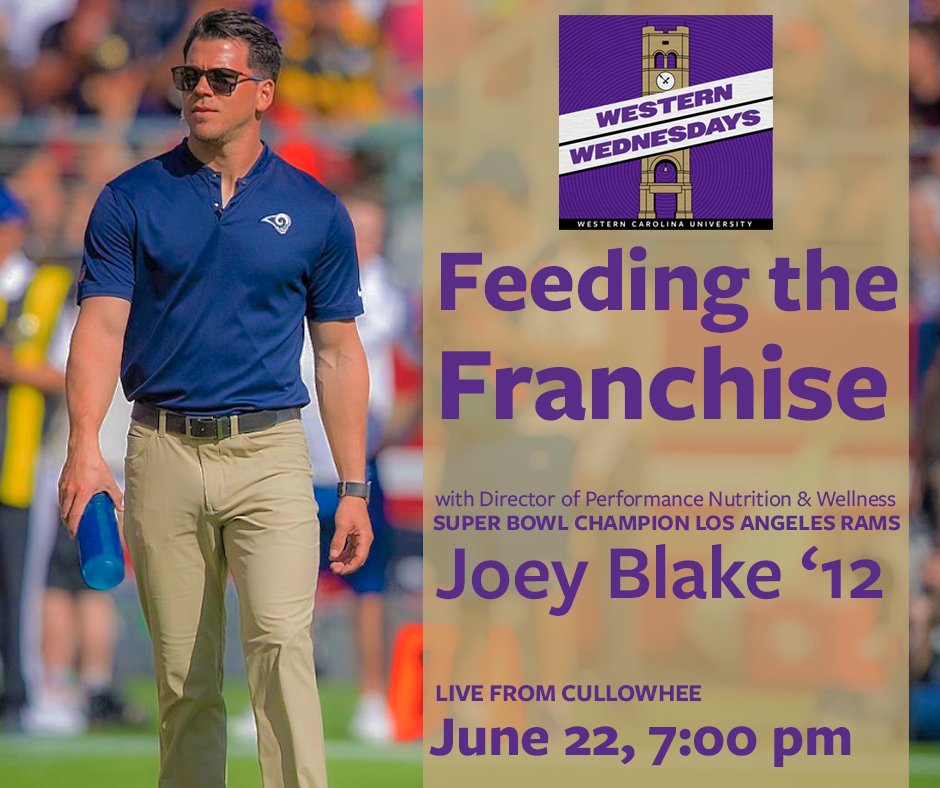AlumniWcu's tweet photo. Join us on Wednesday, June 22, at 7:00 p.m. for our live broadcast of Western Wednesday! Joey Blake ’12 will be joining us to talk about his journey from Cullowhee to a Super Bowl Championship with the Los Angeles Rams. You don’t want to miss it! https://t.co/CJTupsgqmx https://t.co/fYVJS46Ssk