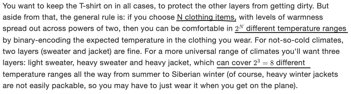 Vitalik ha deciso di diventare un travell influensser. Adoro come abbia reso matematico anche la scelta dei vestiti da mettere.

RICORDA: Se scegli N vestiti, puoi avere ben 2^N differenti stili di temperatura ai quali starai bene. Salva il tweet per il tuo prossimo viaggio