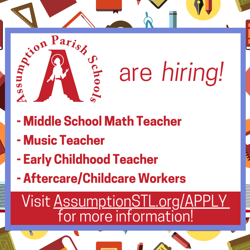 AssumptionPS's tweet photo. Come join the Assumption Parish Family as a part of our school staff for the upcoming school year! More information about available positions is available at https://t.co/kCeR6Z0Biz. https://t.co/1wXIOeTarb