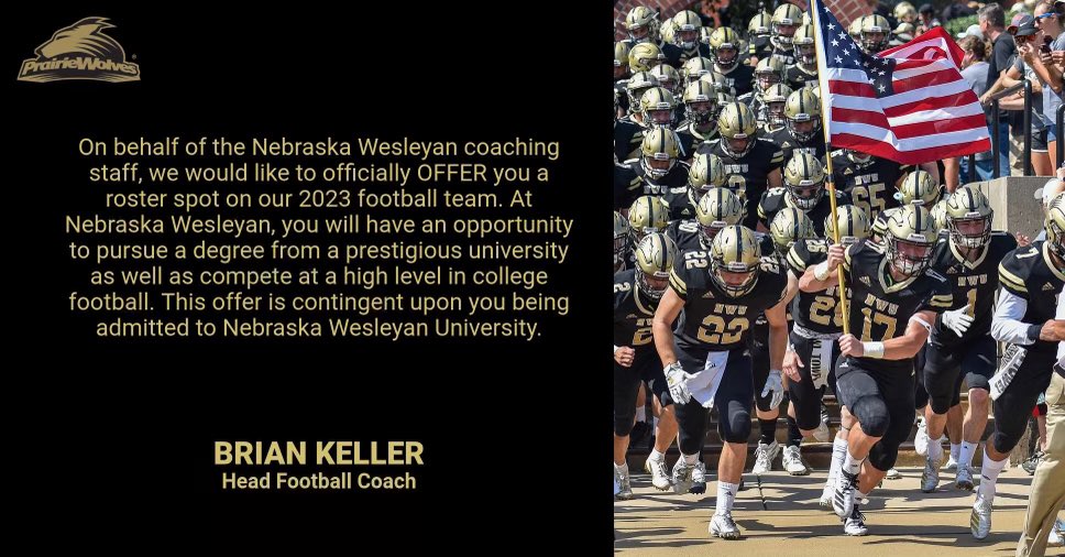 Extremely blessed to receive my first offer from Nebraska Weslyan University! Thank you to <a href="/CoachCrume/">Kevin Crume</a> and coach Keller for this opportunity!