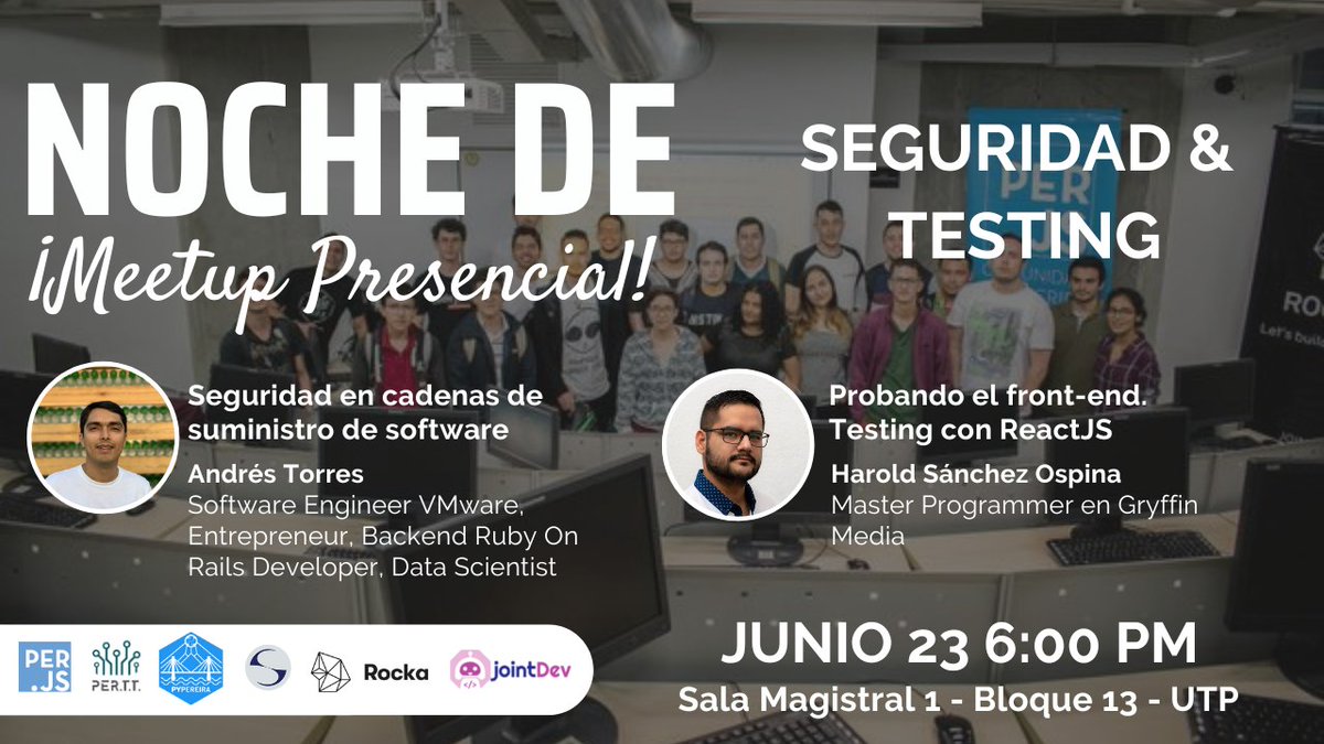¡Volvemos a nuestros Meetups presenciales! 🤓🥳💜. Esperamos que nos puedan acompañar este jueves para que compartamos 2 charlas geniales con <a href="/elfotografo007/">Andrés Torres</a>  y <a href="/sancospi/">Harold Sánchez</a>, inscripciones meetup.com/pereira-tech-t…