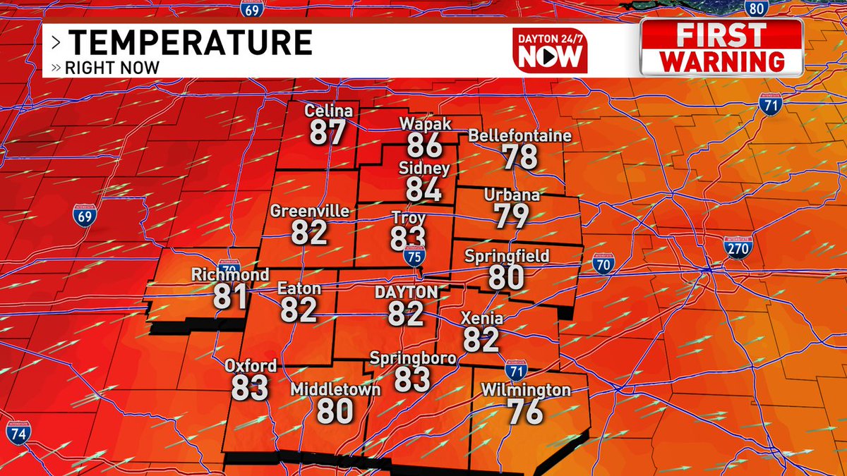ItsRandi_B's tweet photo. Good evening to the Miami Valley! Here's a look at temperatures across the area right now - https://t.co/Z9QOtQMqmV