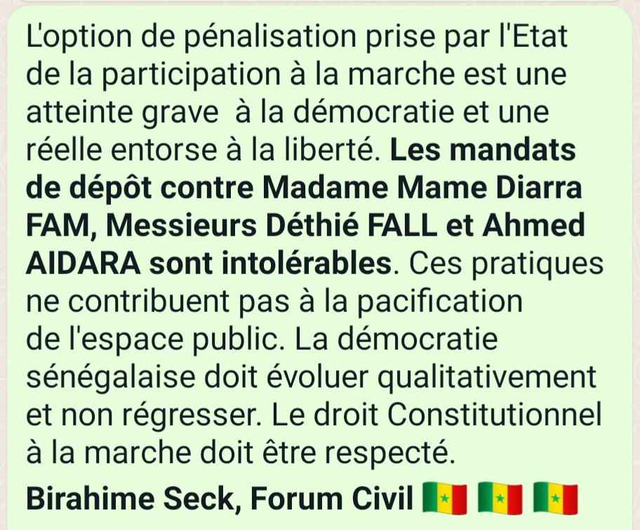 BirahimeSeck's tweet photo. L'option de pénalisation prise par l'Etat de la participation à la marche est une atteinte grave à la démocratie et une réelle entorse à la liberté. Les mandats de dépôt contre Madame Mame Diarra FAM, Messieurs Déthié FALL et Ahmed AIDARA sont intolérables @Macky_Sall #PSUA https://t.co/GR1CGH0fgo