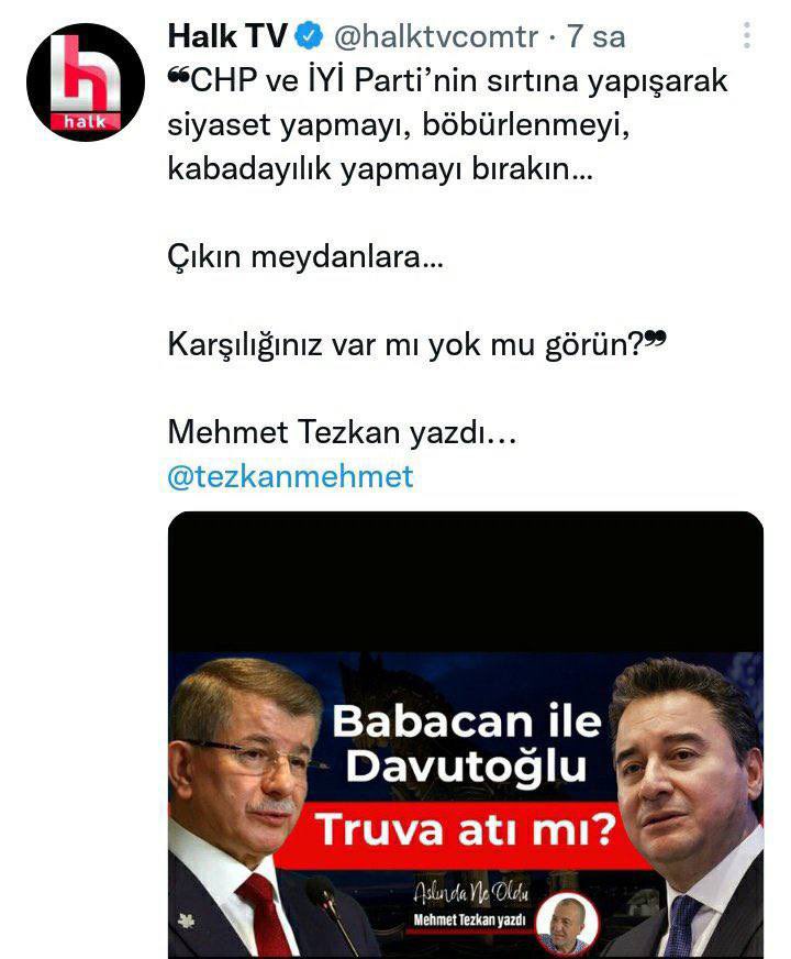 Ali Babacan ve Ahmet Davutoğlu, CHP'nin piyonluğunu yapıyor. CHP'nin medya organı Halk TV ise ikisini küçümseyip yerin dibine sokuyor.

Hak ettiğiniz yerdesiniz! <a href="/alibabacan/">Ali Babacan</a> <a href="/Ahmet_Davutoglu/">Ahmet Davutoğlu</a>