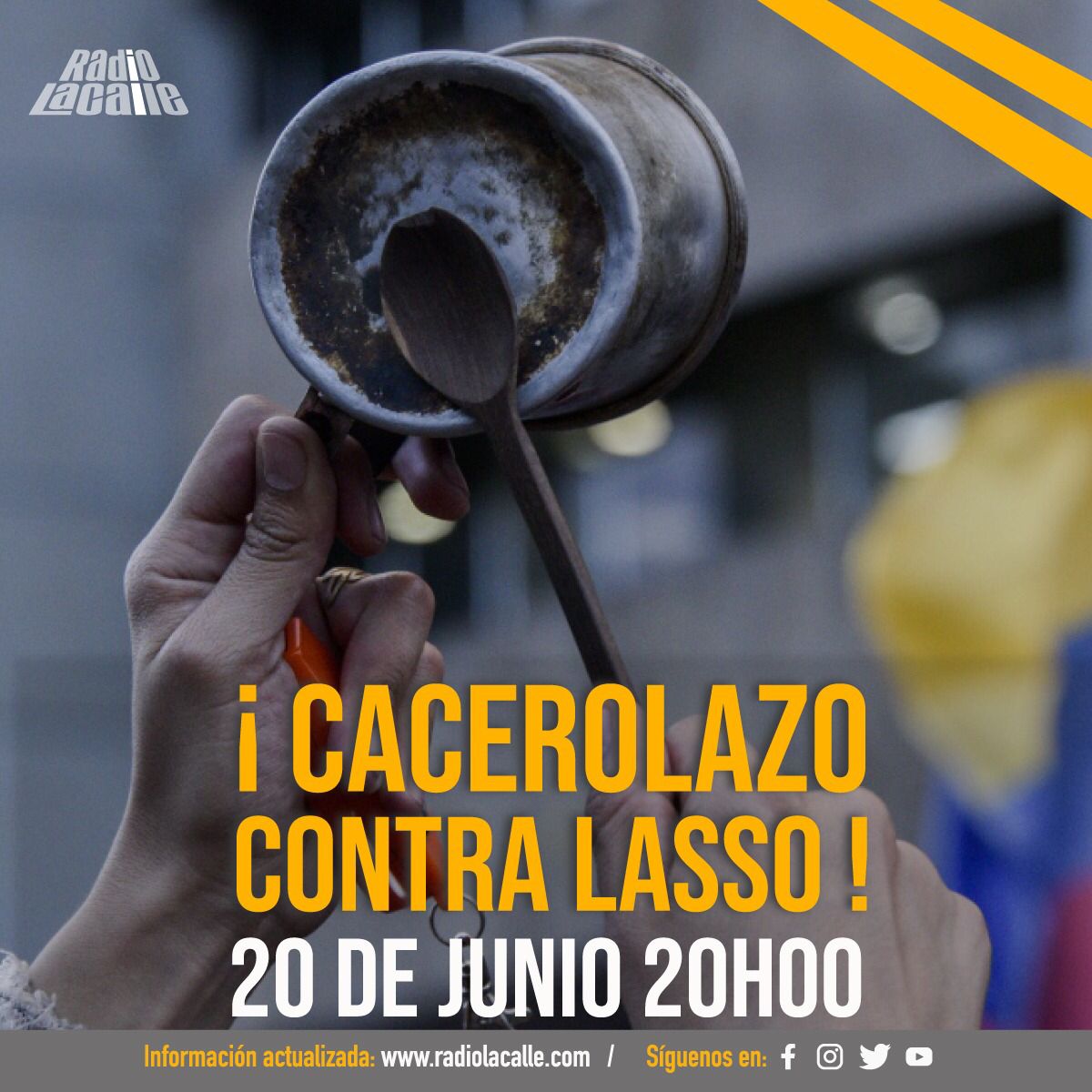 radiolacalle's tweet image. #ATENCION | Esta noche sacamos nuestras ollas y cucharas para un nuevo cacerolazo contra Lasso. Los sucesos en nuestro país nos preocupan y nos llevan a alzar nuestra voz contra los oídos sordos del Gobierno Nacional. A las 20:00.