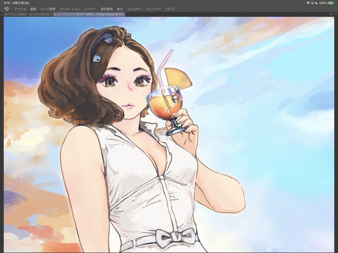 ひとまず配信でクリスタ塗り塗りを進めたビーチカクテル見栄子。ワンピースは白になった。 