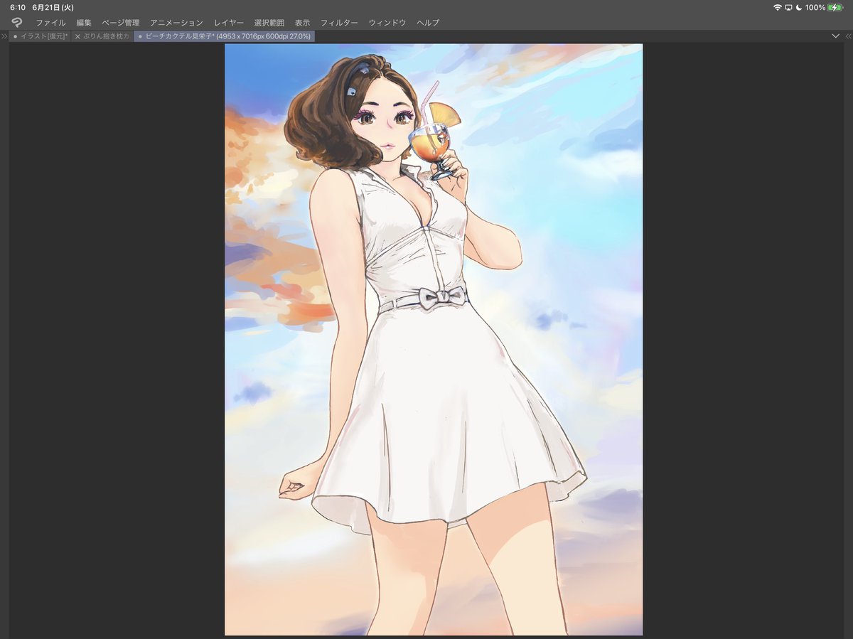 ひとまず配信でクリスタ塗り塗りを進めたビーチカクテル見栄子。ワンピースは白になった。 