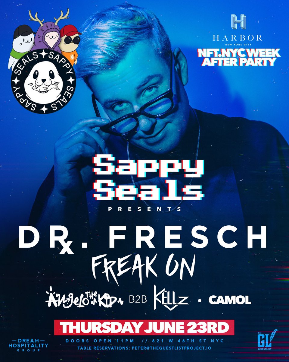 camolNFT's tweet photo. Free tickets for @sappyseals holders who completed the form for our 6/22 and 6/23 events have been distributed! 

Didn’t get yours or want to upgrade to a VIP Table? DM me! 

Not a holder and wanna come? Ticket links below! https://t.co/pmL6j3n9MH