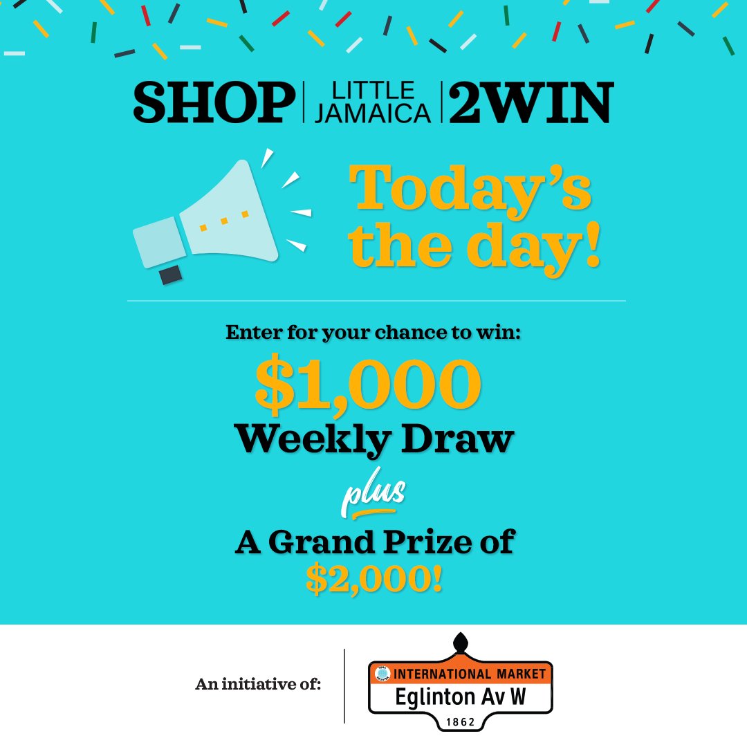YorkEglintonBIA's tweet photo. 🎉 ARE YOU READY TO WIN? 🎉

The #ShopLittleJamaica2Win contest begins RIGHT NOW! Time to get shopping and submit your receipts to WIN! Visit the link in our bio to learn more! 

#ShopLittleJamaica2Win #ShopLocal2Win #EglintonWest #shoplocal https://t.co/AlR4svAn40