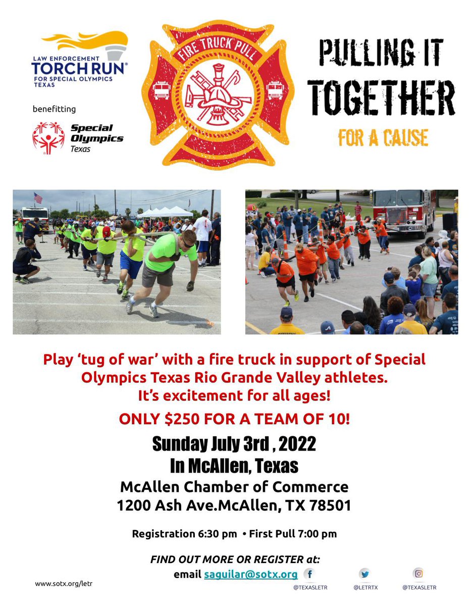 mcallenfire2602's tweet photo. Does your team have what it takes? Join us July 3rd for a Fire Truck Pull supporting Special Olympics Texas - Rio Grande Valley Area Email:saguilar@sotx.org https://t.co/UHT4MDjDwB