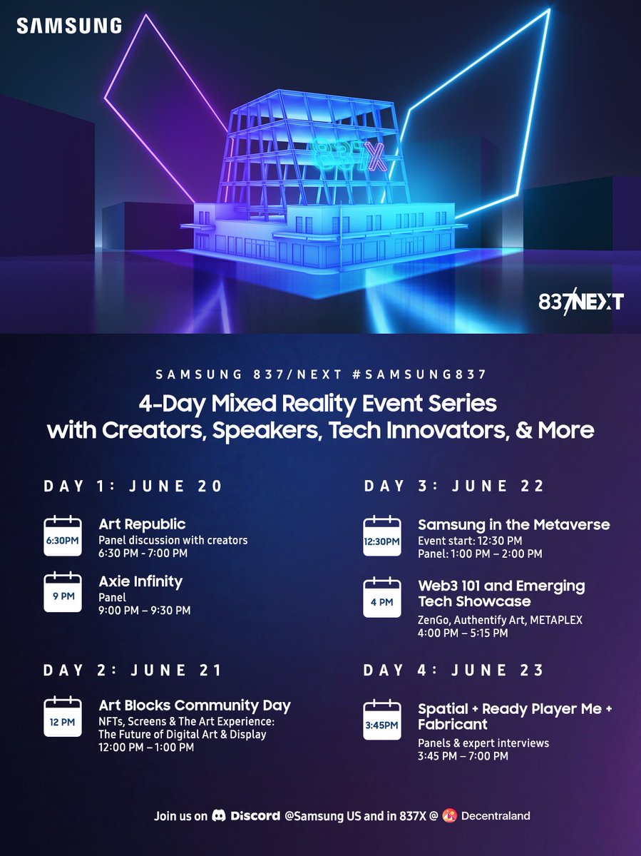 SamsungUS's tweet photo. 🚨Updated Schedule🚨
Parties. Podcasts. Panels. There's a lot to look forward to during #NFTNYC in #837X @decentraland starting 6/20. 

See our schedule and come join us! #Metaverse https://t.co/8aDPweSJJ8 https://t.co/ZamLtYdPhu