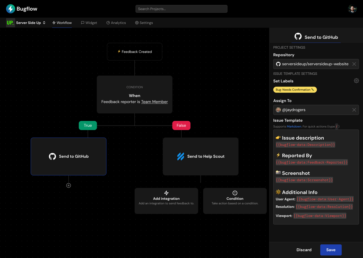 jaydrogers's tweet image. I&apos;m excited to have my first draft of the &quot;workflow&quot; page for @getbugflow.

This page is where users can configure which feedback/bugs flow to Github, HelpScout, Zendesk, etc.

If you have any comments or feedback on the design, I would love to hear it!

DARK MODE 😎