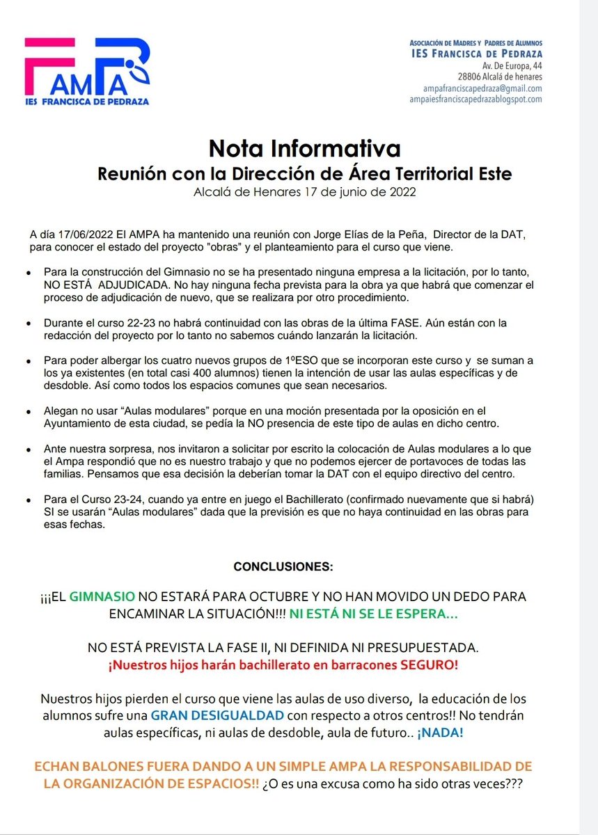 AlbertoBlazquez's tweet photo. Día de la infamia de @IdiazAyuso contra servicios públicos en #AlcaládeHenares 👇

😡 El SUAP de Luis Vives cerrado hace más de dos años, ya no volverá a abrir. Sin urgencias en atención primaria

😡 El IES Francisca de Pedraza no tiene proyecto ni fecha para su terminación https://t.co/oImm5UoEte
