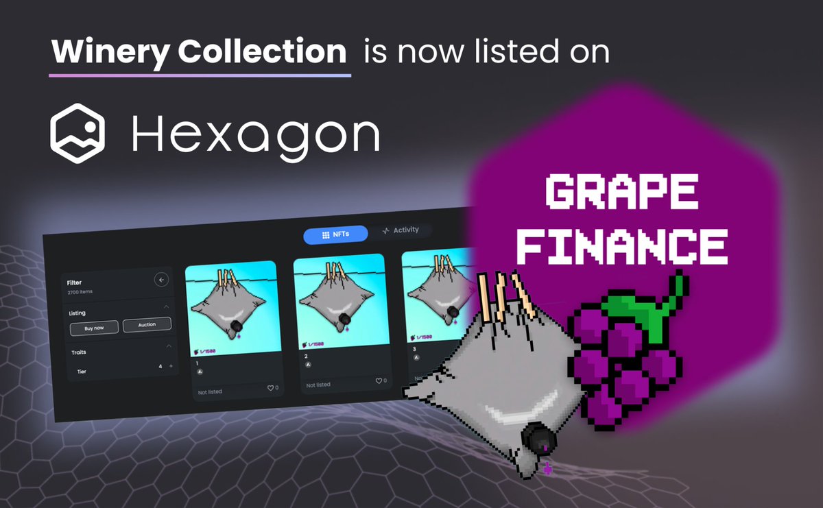 <a href="/grape_finance/">Grape Finance</a>'s Winery Collection is now live on hexagon.market! 🍇

In celebration we are giving away $300 worth of $WINE 🍷

To enter the giveaway;
1. Like &amp; RT
2. Tag 3 friends below
2. Follow <a href="/hexagon_market/">Hexagon</a> &amp; <a href="/grape_finance/">Grape Finance</a> 💜

Learn more at grapefinance.gitbook.io/grape-finance-…